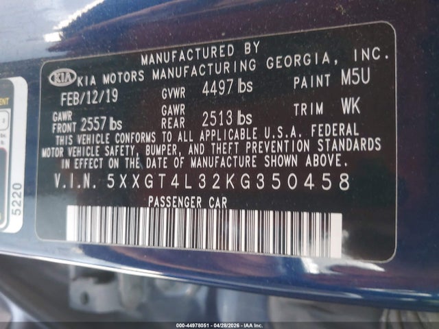 Продажа на аукционе авто 2019 Kia Optima Lx, vin: 5XXGT4L32KG350458, номер лота: 44978051