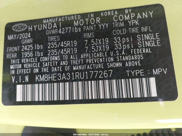 Aukcja sprzedaży 2024 Hyundai Kona Limited, vin: KM8HE3A31RU177267, numer aukcji: 44978064
