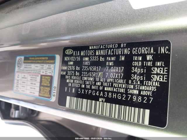 5XYPG4A38HG279827 KIA Sorento 2.4l Lx