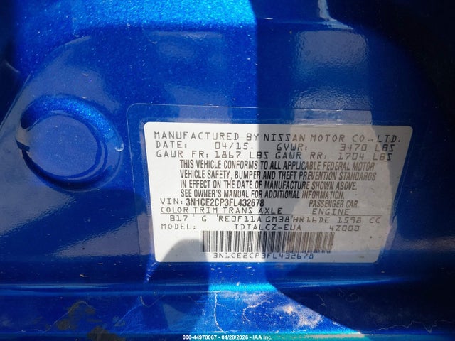 3N1CE2CP3FL432678 Nissan Versa Note S Plus