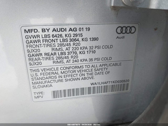 Aukcja sprzedaży 2019 Audi Q7 45 Premium, vin: WA1LHAF71KD030520, numer aukcji: 44978070