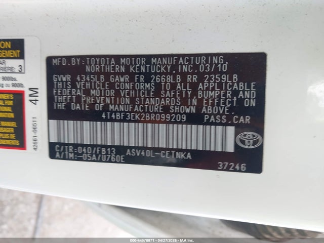 2011 Toyota Camry Le მანქანა იყიდება აუქციონზე, vin: 4T4BF3EK2BR099209, აუქციონის ნომერი: 44978071