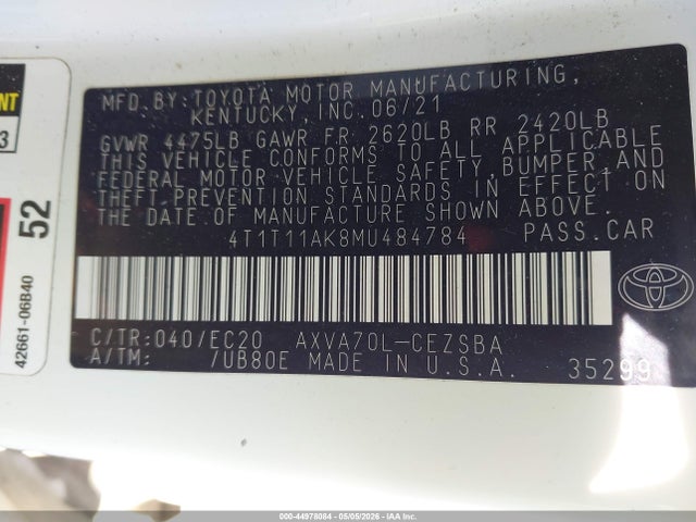 44978084 :رقم المزاد ، 4T1T11AK8MU484784 vin ، 2021 Toyota Camry Se Nightshade Edition مزاد بيع