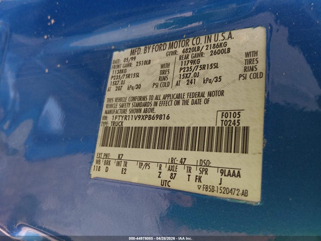 Aukcja sprzedaży 1999 Ford Ranger Xl/xlt, vin: 1FTYR11V9XPB69816, numer aukcji: 44978085