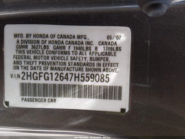 Aukcja sprzedaży 2007 Honda Civic Lx, vin: 2HGFG12647H559085, numer aukcji: 44978090