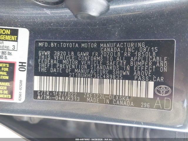 44978092 :رقم المزاد ، 2T1BURHE3GC489835 vin ، 2016 Toyota Corolla S Plus مزاد بيع