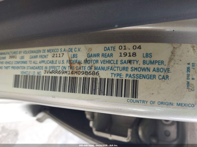 2004 Volkswagen Jetta Gl Tdi მანქანა იყიდება აუქციონზე, vin: 3VWRR69M14M098686, აუქციონის ნომერი: 44978096