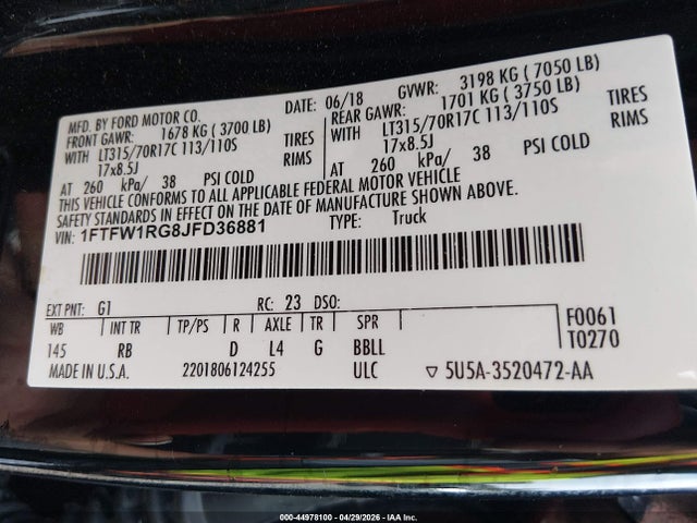 Продажа на аукционе авто 2018 Ford F-150 Raptor, vin: 1FTFW1RG8JFD36881, номер лота: 44978100