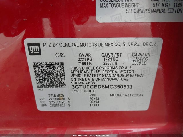 Продаж на аукціоні авто 2021 Gmc Sierra 1500 4wd  Short Box Elevation, vin: 3GTU9CED6MG350531, номер лоту: 44978108