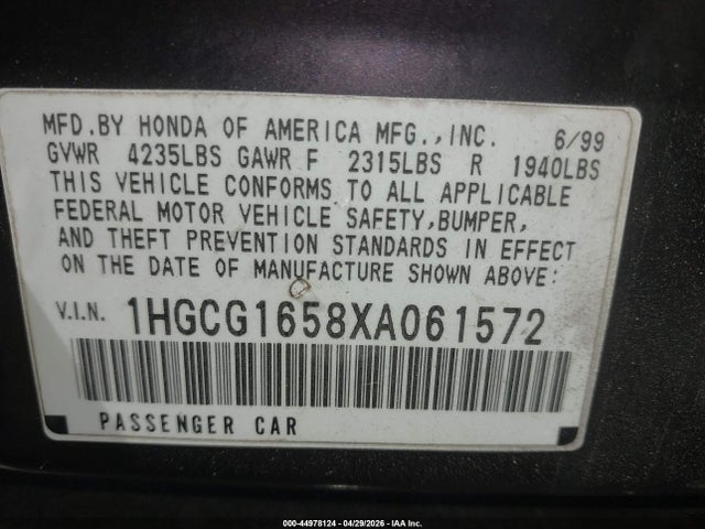 Aukcja sprzedaży 1999 Honda Accord Ex V6, vin: 1HGCG1658XA061572, numer aukcji: 44978124