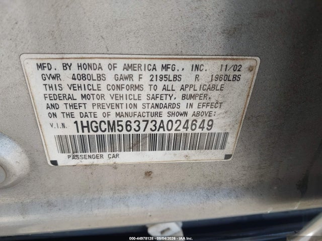 Aukcja sprzedaży 2003 Honda Accord 2.4 Lx, vin: 1HGCM56373A024649, numer aukcji: 44978128