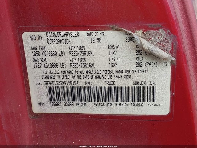 Aukcja sprzedaży 1999 Dodge Ram 1500 St, vin: 3B7HC12Z2XG158194, numer aukcji: 44978135
