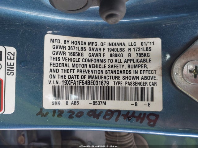Aukcja sprzedaży 2011 Honda Civic Lx, vin: 19XFA1F54BE031679, numer aukcji: 44978136
