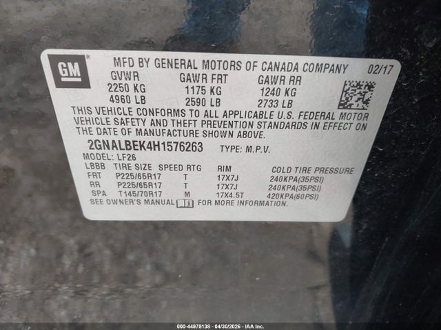 2017 Chevrolet Equinox Ls მანქანა იყიდება აუქციონზე, vin: 2GNALBEK4H1576263, აუქციონის ნომერი: 44978138