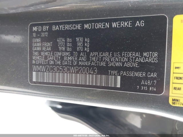 44978158 :رقم المزاد ، WMWZC3C53CWP20043 vin ، 2012 Mini Cooper S Countryman مزاد بيع