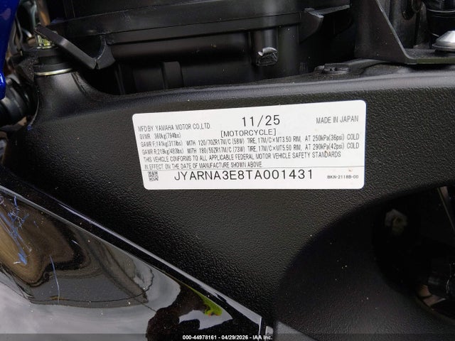 44978161 :رقم المزاد ، JYARNA3E8TA001431 vin ، 2026 Yamaha Yzf890 مزاد بيع