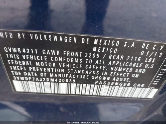 Продаж на аукціоні авто 2013 Volkswagen Jetta 2.5l Se, vin: 3VWDP7AJ2DM420839, номер лоту: 44978175