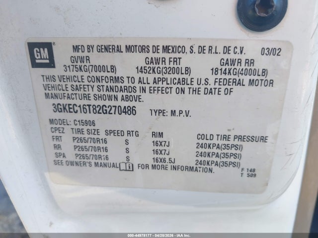 Aukcja sprzedaży 2002 Gmc Yukon Xl 1500 Slt, vin: 3GKEC16T82G270486, numer aukcji: 44978177