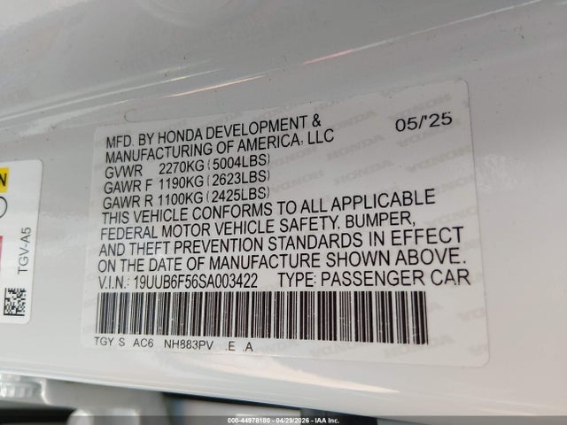 44978180 :رقم المزاد ، 19UUB6F56SA003422 vin ، 2025 Acura Tlx A-spec Package مزاد بيع