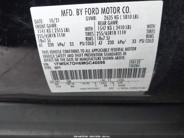 Aukcja sprzedaży 2021 Ford Explorer Xlt, vin: 1FMSK7DH6MGC46698, numer aukcji: 44978186