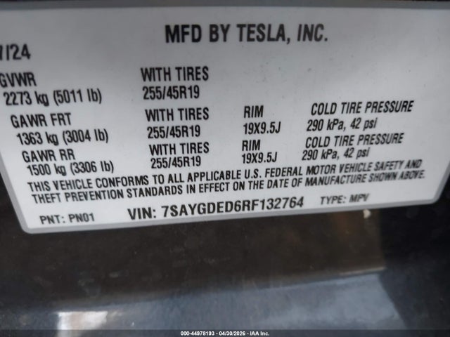 44978193 :رقم المزاد ، 7SAYGDED6RF132764 vin ، 2024 Tesla Model Y Long Range Single Motor Rear-wheel Drive/rwd مزاد بيع