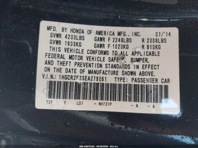Продажа на аукционе авто 2014 Honda Accord Lx, vin: 1HGCR2F35EA279061, номер лота: 44978194