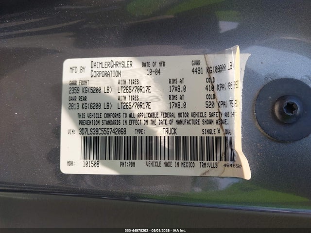 44978202 :رقم المزاد ، 3D7LS38C55G742068 vin ، 2005 Dodge Ram 3500 Slt/laramie مزاد بيع