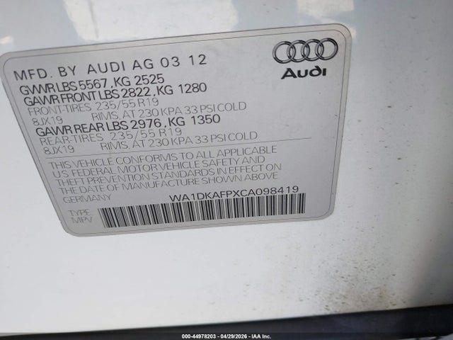 Продажа на аукционе авто 2012 Audi Q5 3.2 Premium Plus, vin: WA1DKAFPXCA098419, номер лота: 44978203