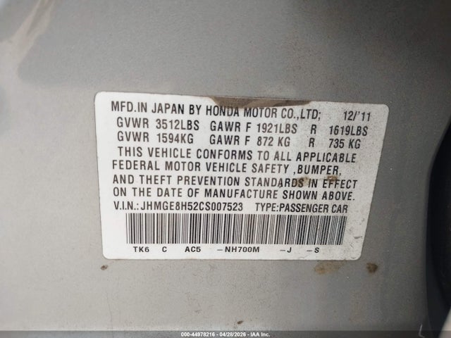 44978216 :رقم المزاد ، JHMGE8H52CS007523 vin ، 2012 Honda Fit Sport مزاد بيع