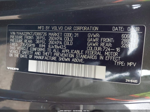 Aukcja sprzedaży 2018 Volvo Xc90 T6 Momentum, vin: YV4A22PK7J1388726, numer aukcji: 44978221