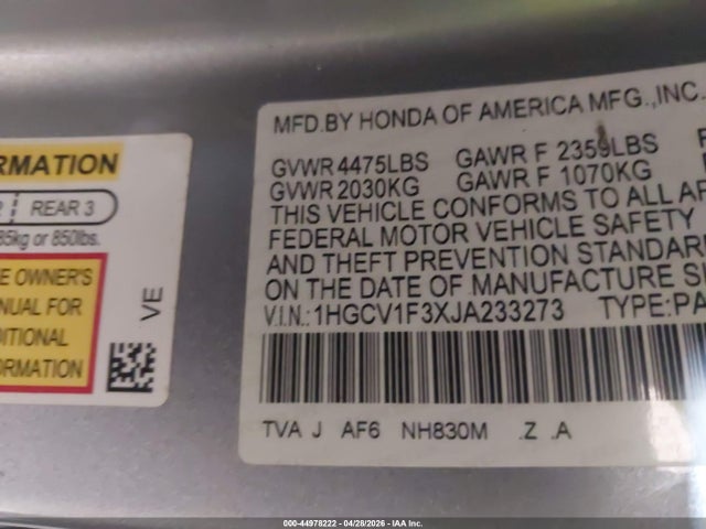 44978222 :رقم المزاد ، 1HGCV1F3XJA233273 vin ، 2018 Honda Accord Sport مزاد بيع
