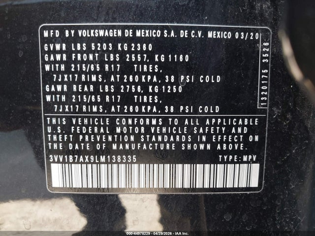 Продажа на аукционе авто 2020 Volkswagen Tiguan 2.0t S, vin: 3VV1B7AX9LM138335, номер лота: 44978229