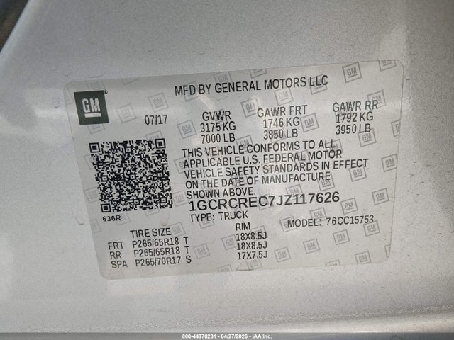 1GCRCREC7JZ117626 Chevrolet Silverado 1500 1lt