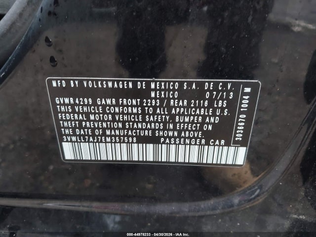 2014 Volkswagen Jetta 2.0l Tdi მანქანა იყიდება აუქციონზე, vin: 3VWLL7AJ7EM357598, აუქციონის ნომერი: 44978233