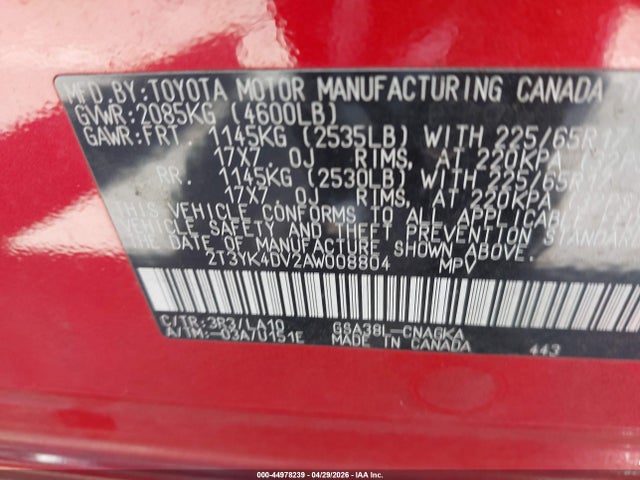 44978239 :رقم المزاد ، 2T3YK4DV2AW008804 vin ، 2010 Toyota Rav4 Limited V6 مزاد بيع