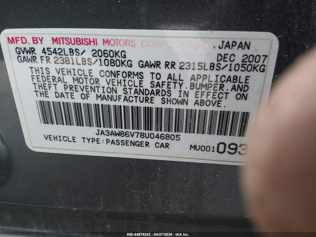Aukcja sprzedaży 2008 Mitsubishi Lancer Evolution Gsr, vin: JA3AW86V78U046805, numer aukcji: 44978242