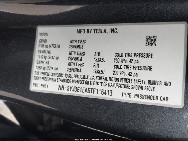 44978243 :رقم المزاد ، 5YJ3E1EA6TF116413 vin ، 2026 Tesla Model 3 Premium Rear-wheel Drive/standard Rear-wheel Drive مزاد بيع