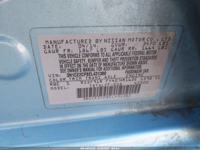 44978248 :رقم المزاد ، 3N1CE2CP8EL431380 vin ، 2014 Nissan Versa Note S (sr) مزاد بيع