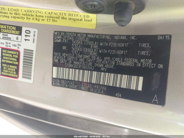 5TDKK3DCXFS603343 Toyota Sienna Le 8 Passenger