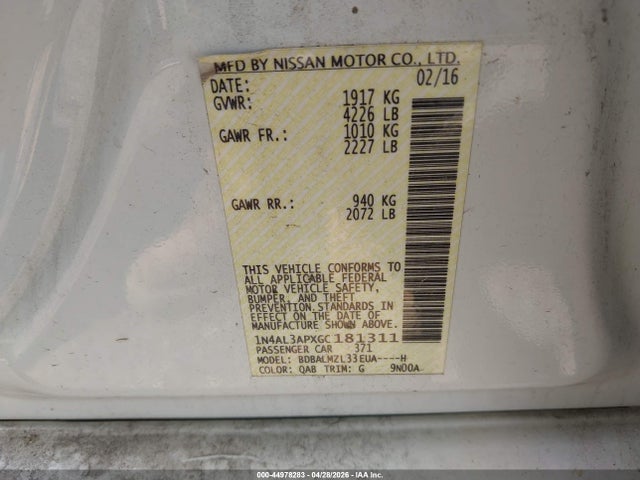44978283 :رقم المزاد ، 1N4AL3APXGC181311 vin ، 2016 Nissan Altima 2.5 Sv مزاد بيع