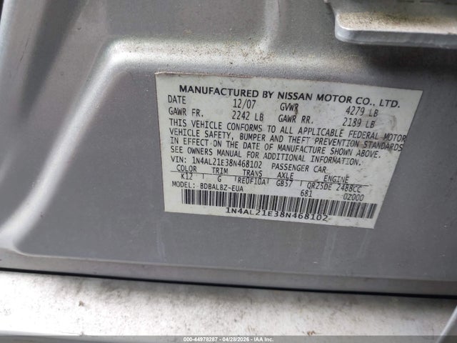 2008 Nissan Altima 2.5 S მანქანა იყიდება აუქციონზე, vin: 1N4AL21E38N468102, აუქციონის ნომერი: 44978287