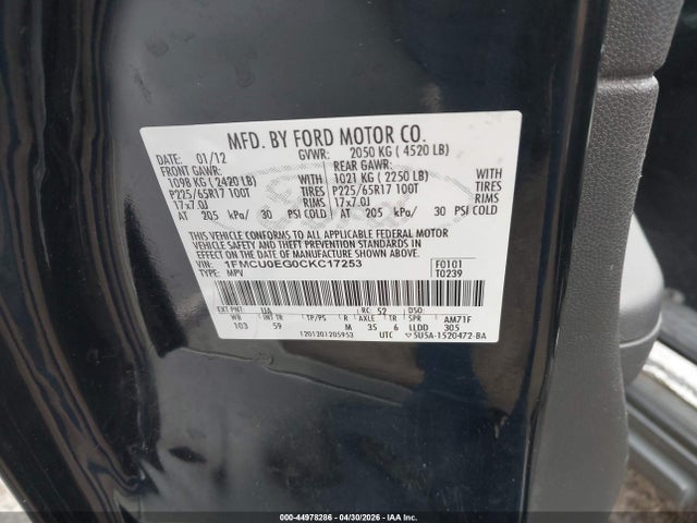 2012 Ford Escape Limited მანქანა იყიდება აუქციონზე, vin: 1FMCU0EG0CKC17253, აუქციონის ნომერი: 44978286