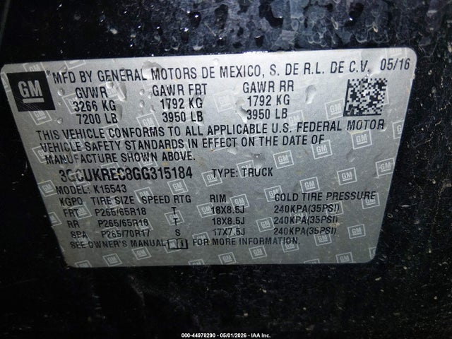44978290 :رقم المزاد ، 3GCUKREC8GG315184 vin ، 2016 Chevrolet Silverado 1500 2lt مزاد بيع