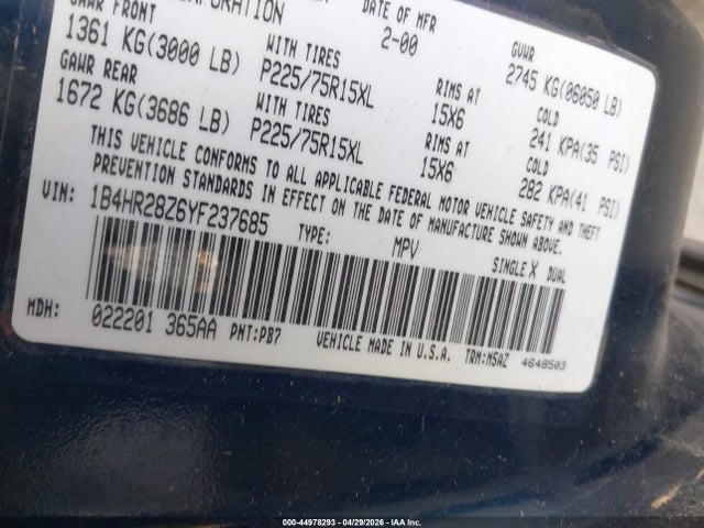 Продажа на аукционе авто 2000 Dodge Durango, vin: 1B4HR28Z6YF237685, номер лота: 44978293