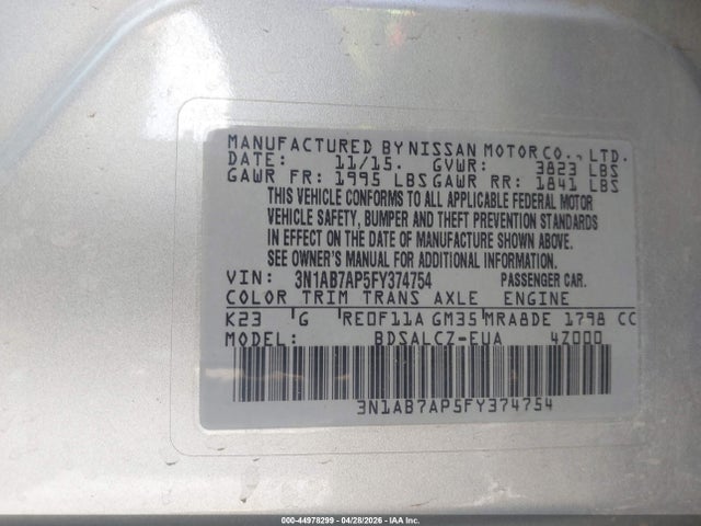 Продажа на аукционе авто 2015 Nissan Sentra S, vin: 3N1AB7AP5FY374754, номер лота: 44978299