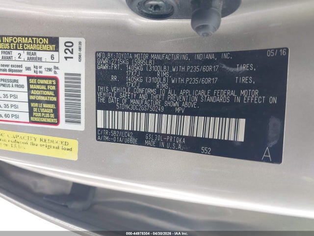 44978304 :رقم المزاد ، 5TDYK3DC2GS750249 vin ، 2016 Toyota Sienna Xle 8 Passenger مزاد بيع