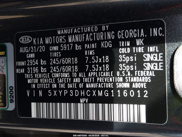 44978306 :رقم المزاد ، 5XYP3DHCXMG116012 vin ، 2021 Kia Telluride Ex مزاد بيع