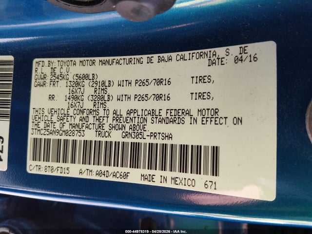 3TMCZ5AN9GM028753 Toyota Tacoma Trd Off Road
