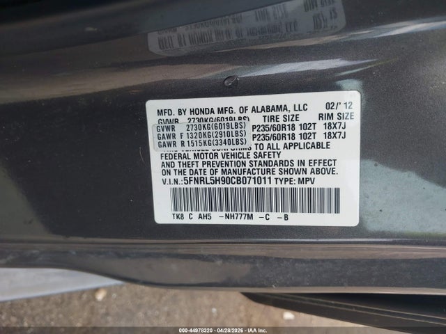44978320 :رقم المزاد ، 5FNRL5H90CB071011 vin ، 2012 Honda Odyssey Touring/touring Elite مزاد بيع