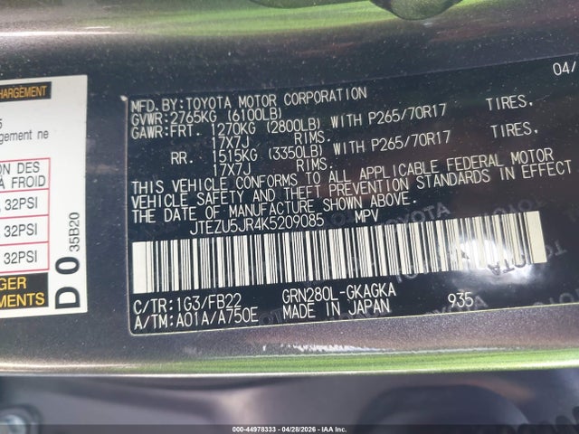 Продаж на аукціоні авто 2019 Toyota 4runner Sr5, vin: JTEZU5JR4K5209085, номер лоту: 44978333